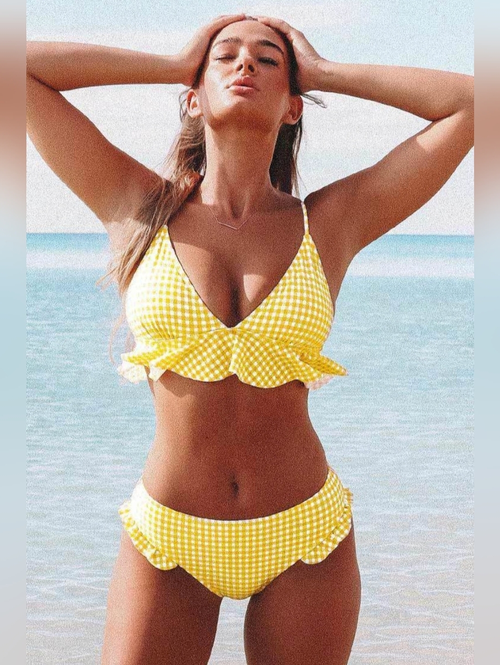 CUPSHE Yellow Gingham Ruffle Bikini Set L - Picture 2 of 11